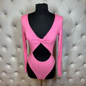 Forever 21 Pink Ribbed Long Sleeve Cutout Bodysuit M.